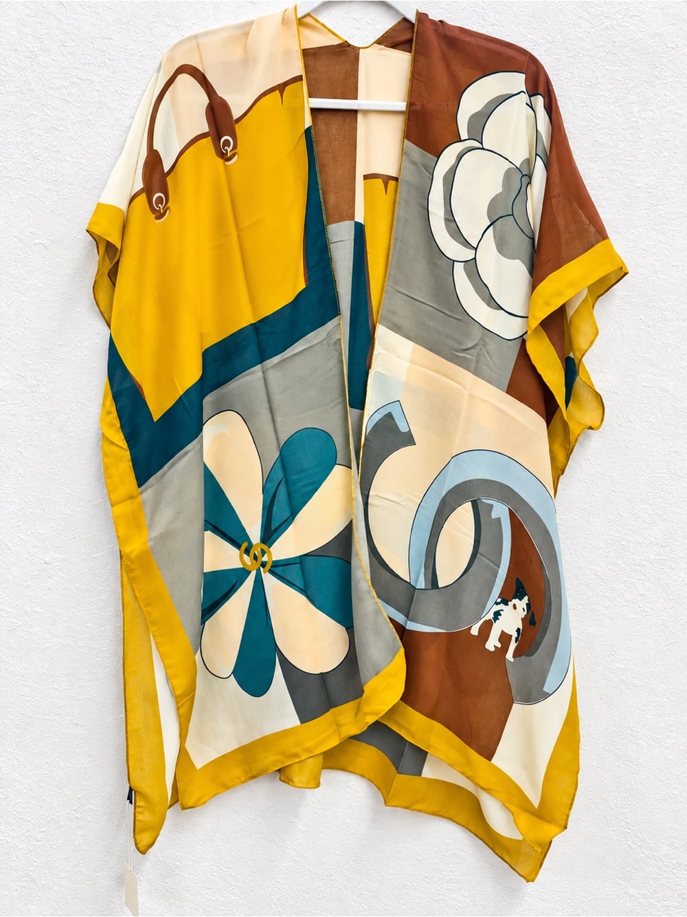 Silk-Blend Floral & Abstract Print Kimono Tunic in Mustard & Teal
